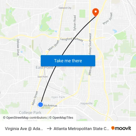 Virginia Ave @ Adams St to Atlanta Metropolitan State College map