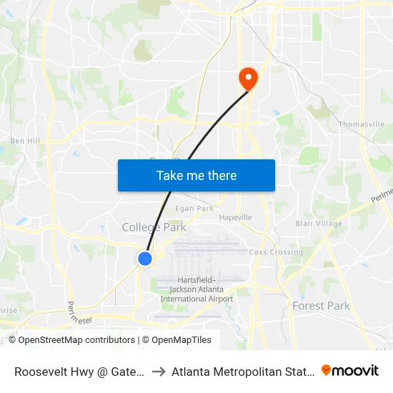 Roosevelt Hwy @ Gateway Blvd to Atlanta Metropolitan State College map