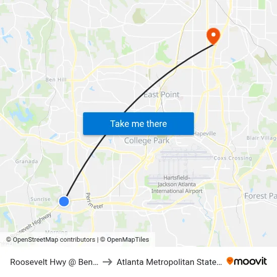 Roosevelt Hwy @ Ben Hill Rd to Atlanta Metropolitan State College map