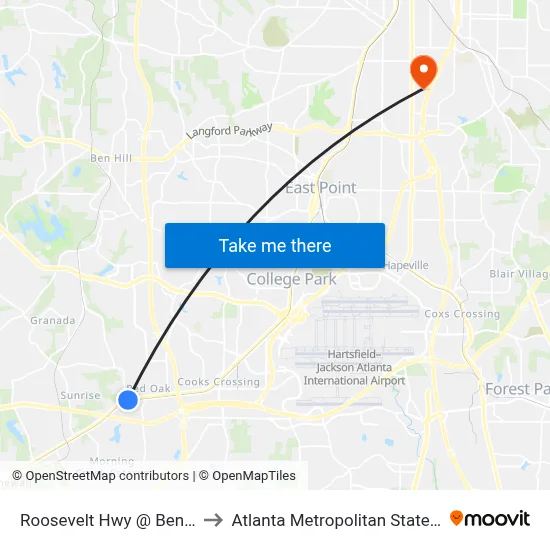 Roosevelt Hwy @ Ben Hill Rd to Atlanta Metropolitan State College map