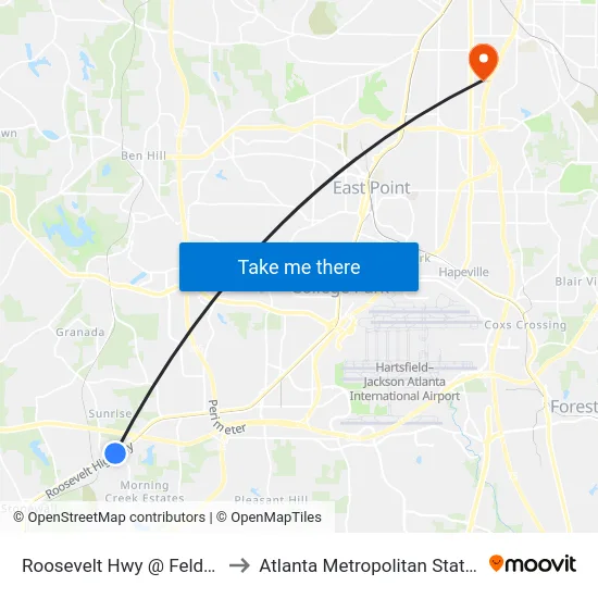 Roosevelt Hwy @ Feldwood Rd to Atlanta Metropolitan State College map