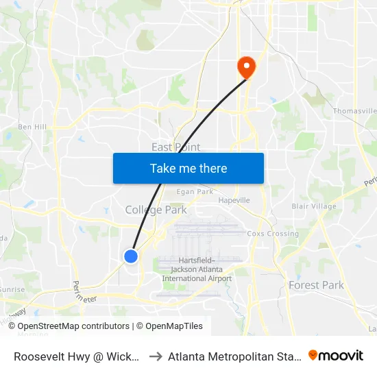 Roosevelt Hwy @ Wickersham Dr to Atlanta Metropolitan State College map