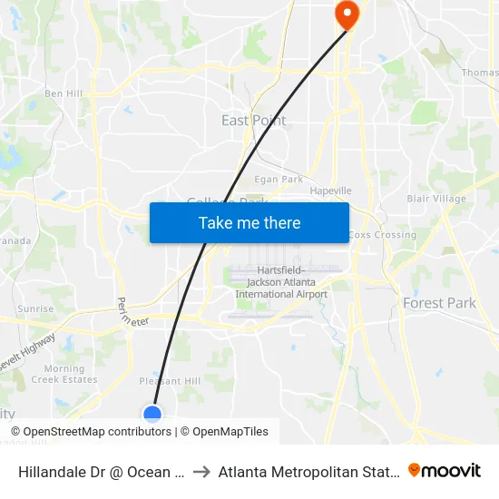 Hillandale Dr @ Ocean Valley Dr to Atlanta Metropolitan State College map