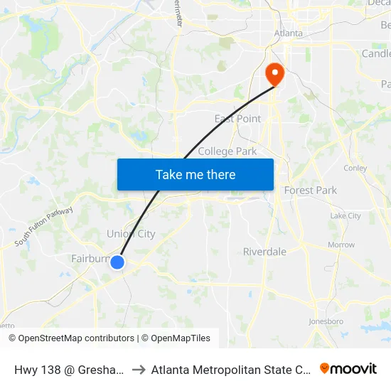 Hwy 138 @ Gresham St to Atlanta Metropolitan State College map