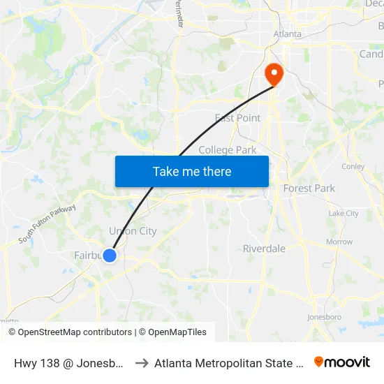 Hwy 138 @ Jonesboro Rd to Atlanta Metropolitan State College map