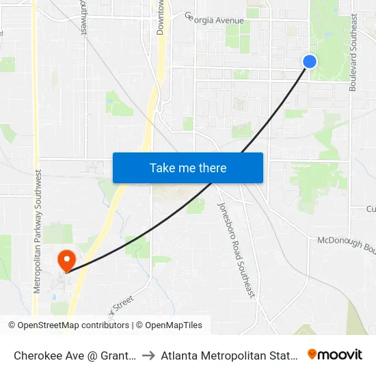 Cherokee Ave @ Grant Park Pl to Atlanta Metropolitan State College map