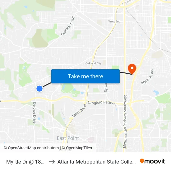 Myrtle Dr @ 1881 to Atlanta Metropolitan State College map