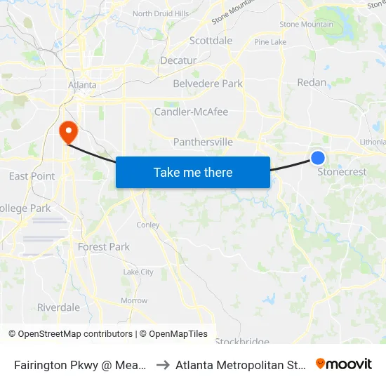 Fairington Pkwy @ Meadowood Cir to Atlanta Metropolitan State College map