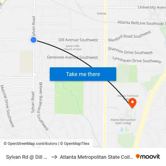 Sylvan Rd @ Dill Ave to Atlanta Metropolitan State College map