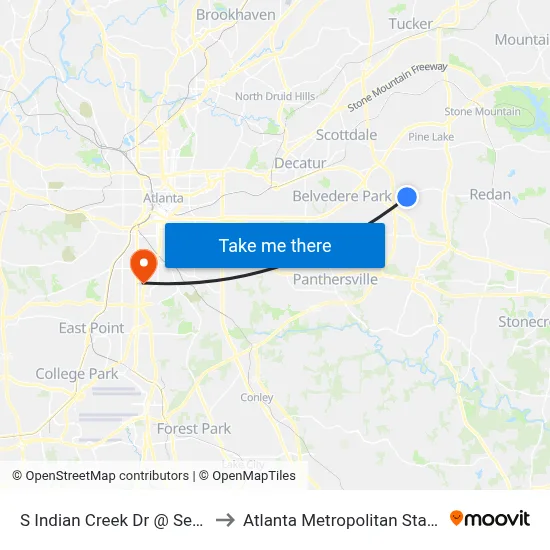 S Indian Creek Dr @ Seneca Way to Atlanta Metropolitan State College map
