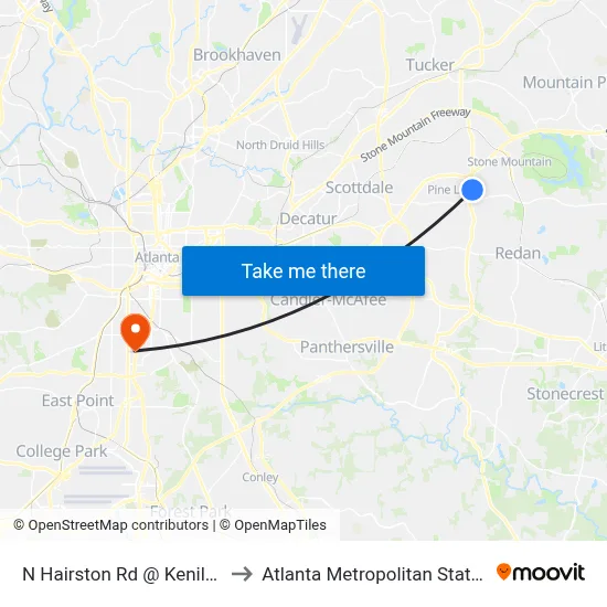 N Hairston Rd @ Kenilworth Dr to Atlanta Metropolitan State College map