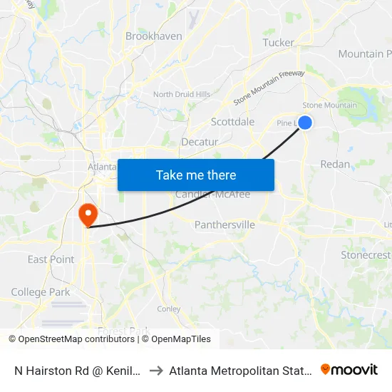 N Hairston Rd @ Kenilworth Dr to Atlanta Metropolitan State College map