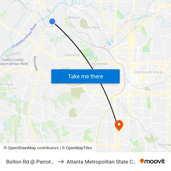 Bolton Rd @ Parrott Ave to Atlanta Metropolitan State College map