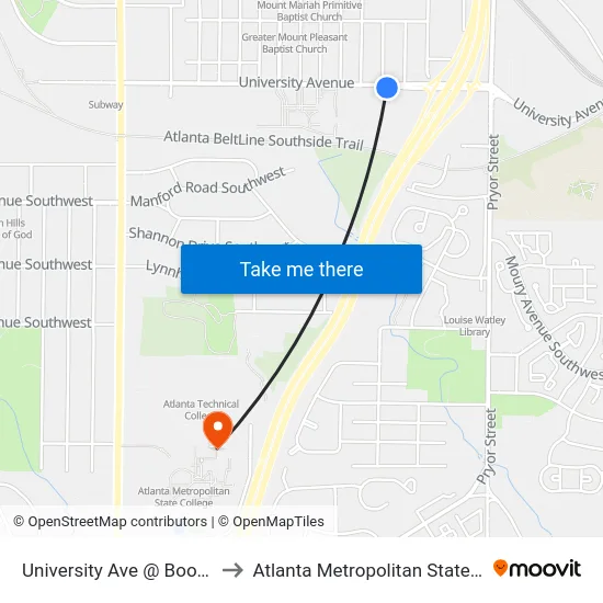 University Ave @ Booker Ave to Atlanta Metropolitan State College map