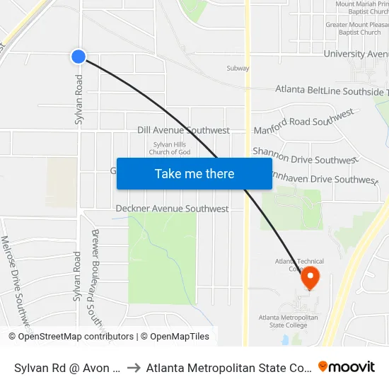 Sylvan Rd @ Avon Ave to Atlanta Metropolitan State College map