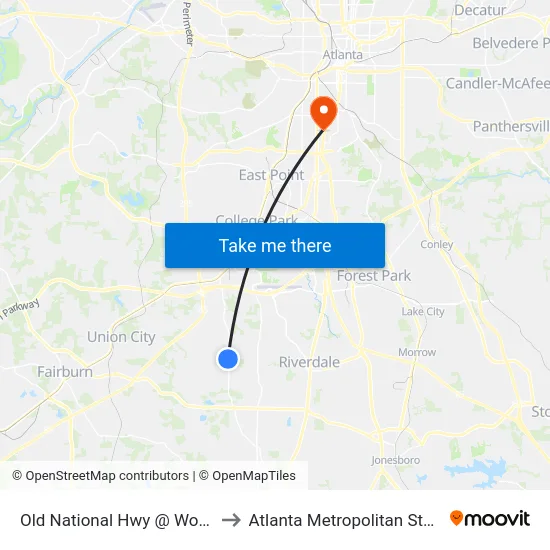 Old National Hwy @ Woodward Rd to Atlanta Metropolitan State College map