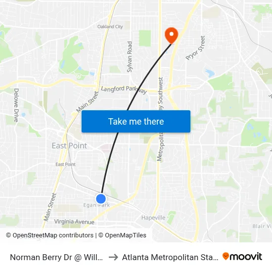 Norman Berry Dr @ Willingham Dr to Atlanta Metropolitan State College map