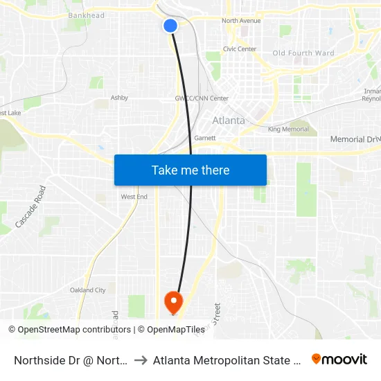 Northside Dr @ North Ave to Atlanta Metropolitan State College map