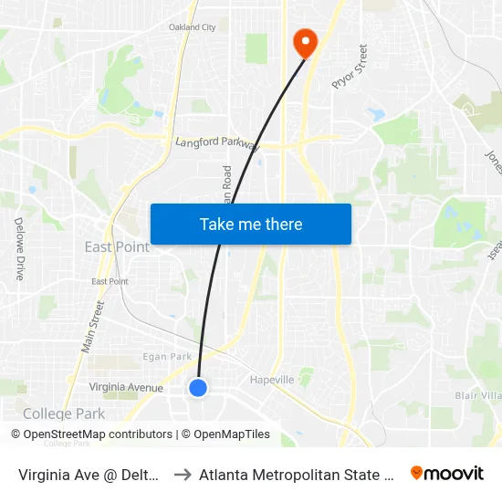 Virginia Ave @ Delta Blvd to Atlanta Metropolitan State College map