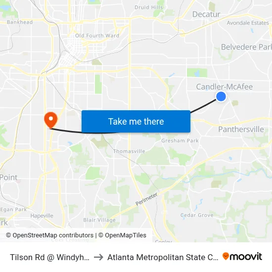 Tilson Rd @ Windyhill Rd to Atlanta Metropolitan State College map