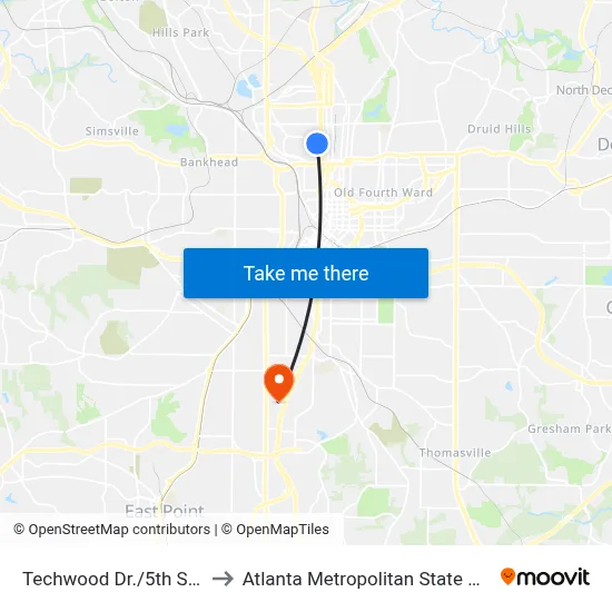 Techwood Dr./5th St. Nw to Atlanta Metropolitan State College map