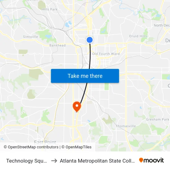 Technology Square to Atlanta Metropolitan State College map