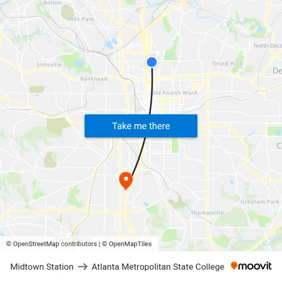 Midtown Station to Atlanta Metropolitan State College map