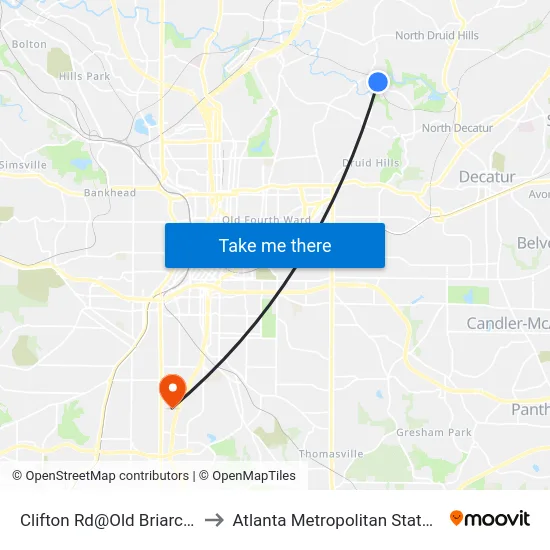 Clifton Rd@Old Briarcliff Way to Atlanta Metropolitan State College map