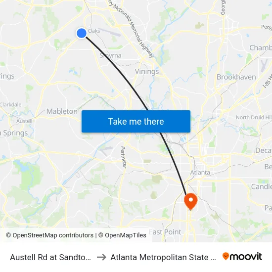 Austell Rd at Sandtown Rd to Atlanta Metropolitan State College map