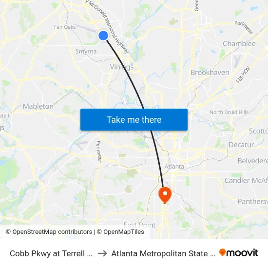 Cobb Pkwy at Terrell Mill Rd to Atlanta Metropolitan State College map