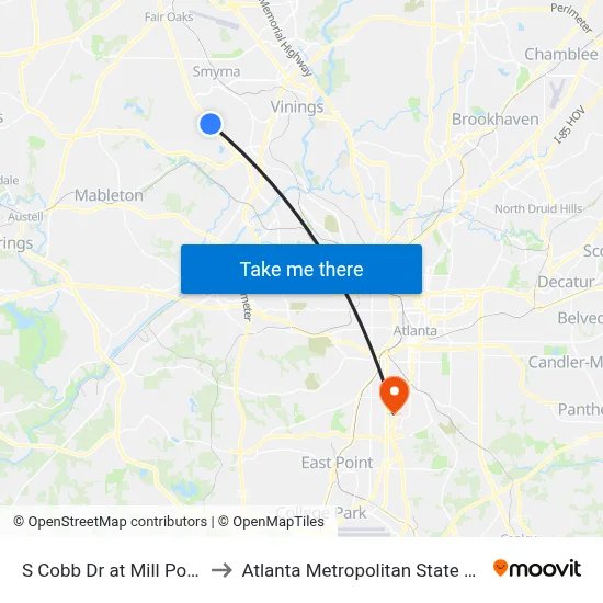 S Cobb Dr at Mill Pond Rd to Atlanta Metropolitan State College map