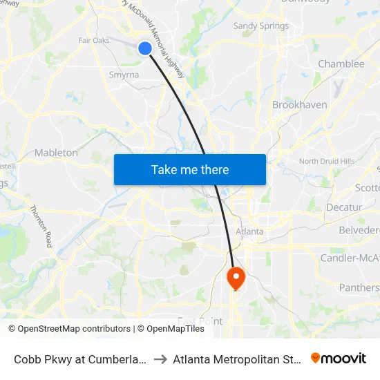 Cobb Pkwy at Cumberland Point Dr to Atlanta Metropolitan State College map