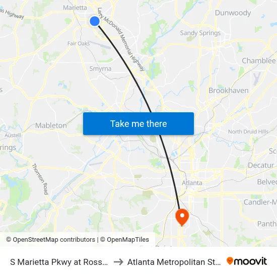 S Marietta Pkwy at Rossbacher Way to Atlanta Metropolitan State College map