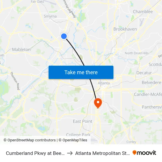 Cumberland Pkwy at Beech Haven Tr to Atlanta Metropolitan State College map