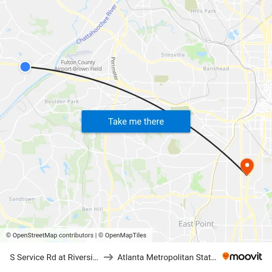 S Service Rd at Riverside Pkwy to Atlanta Metropolitan State College map