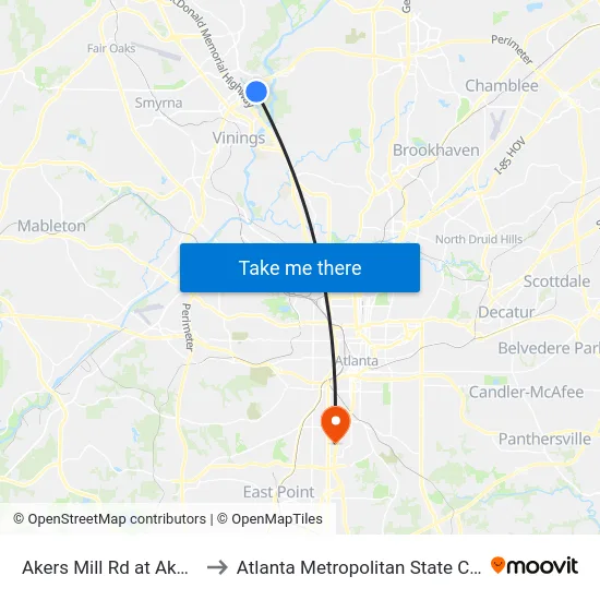 Akers Mill Rd at Akers Dr to Atlanta Metropolitan State College map
