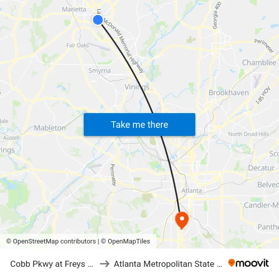 Cobb Pkwy at Freys Gin Rd to Atlanta Metropolitan State College map