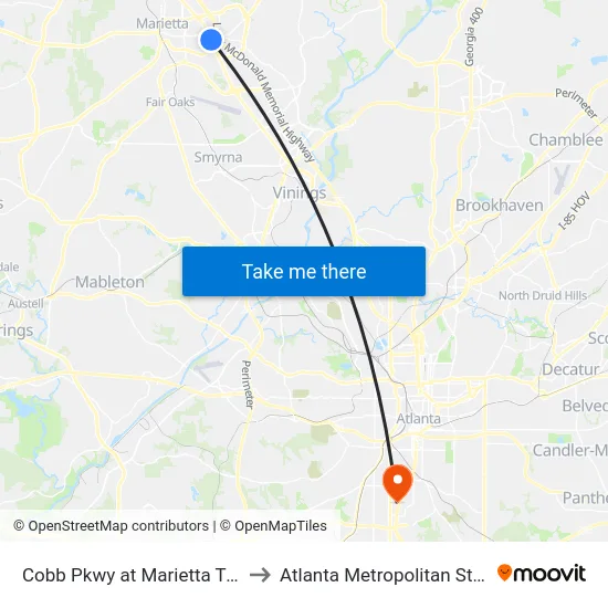 Cobb Pkwy at Marietta Trade Center to Atlanta Metropolitan State College map
