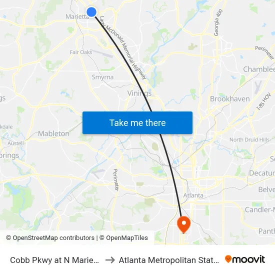 Cobb Pkwy at N Marietta Pkwy to Atlanta Metropolitan State College map