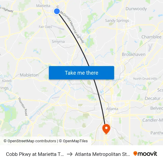 Cobb Pkwy at Marietta Trade Center to Atlanta Metropolitan State College map
