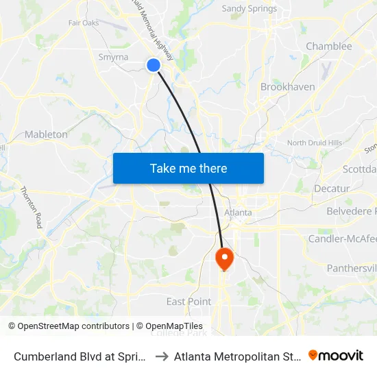 Cumberland Blvd at Spring Hill Pkwy to Atlanta Metropolitan State College map