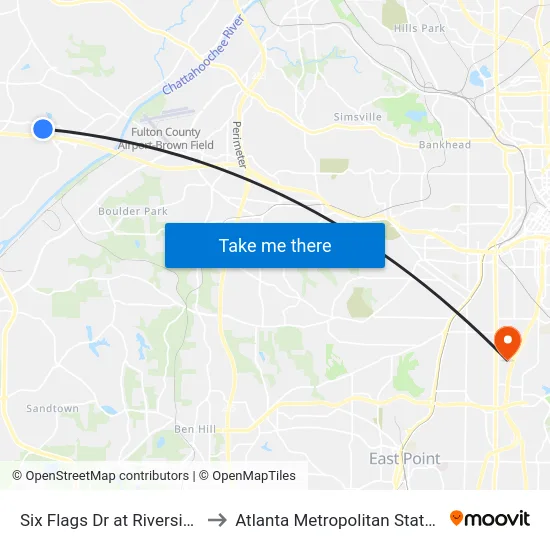 Six Flags Dr at Riverside Pkwy to Atlanta Metropolitan State College map