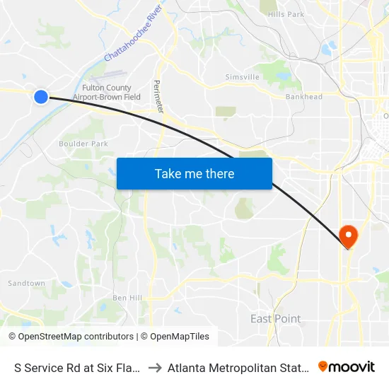 S Service Rd at Six Flags Pkwy to Atlanta Metropolitan State College map