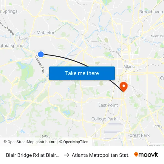 Blair Bridge Rd at Blairs View Dr to Atlanta Metropolitan State College map