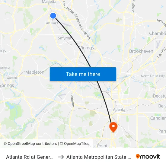 Atlanta Rd at Generals Rd to Atlanta Metropolitan State College map
