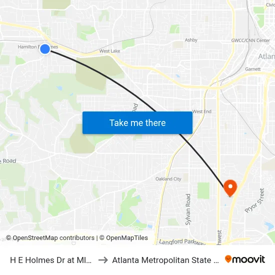 H E Holmes Dr at Mlk Jr Dr to Atlanta Metropolitan State College map