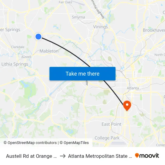 Austell Rd at Orange Hill Rd to Atlanta Metropolitan State College map