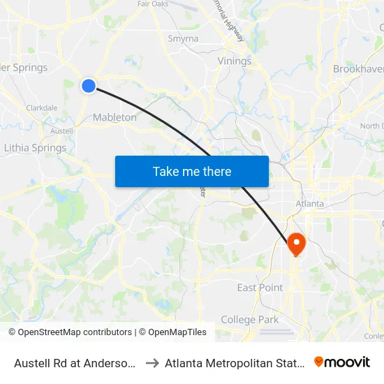 Austell Rd at Anderson Mill Rd to Atlanta Metropolitan State College map