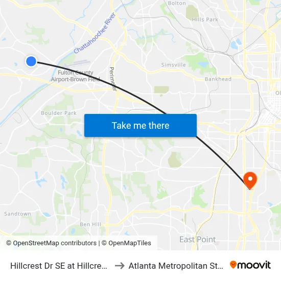 Hillcrest Dr SE at Hillcrest Chase Ln to Atlanta Metropolitan State College map