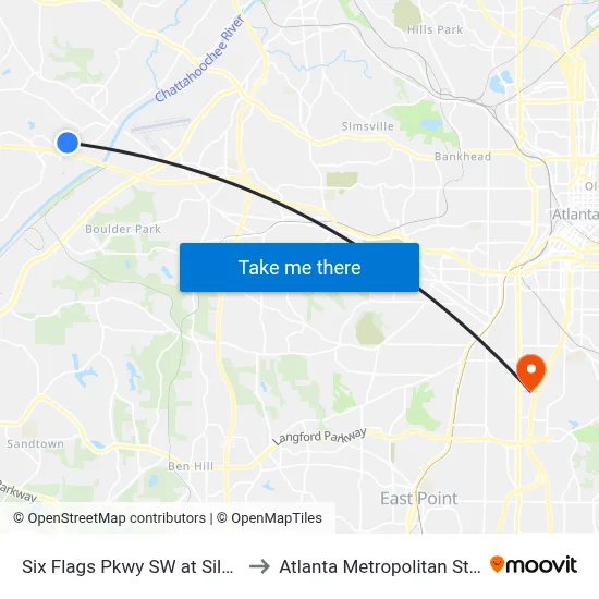 Six Flags Pkwy SW at Silver Arrow Cir to Atlanta Metropolitan State College map